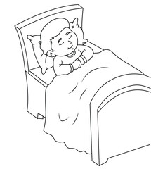 Cute cartoon hand drawn vector boy sleeping his bed coloring page.