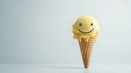 Vanilla ice cream with smiley in ice cream cone waffle Over white Studio Background