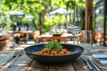 Pasta dish served with wine glasses on rustic outdoor restaurant table. Showcase fine dining, restaurant promotion, and culinary experiences easily.