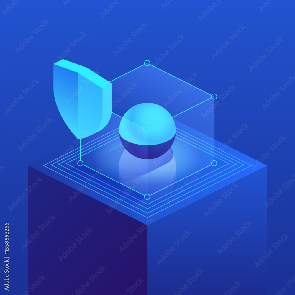 Poster shield and a sphere within a wireframe cube, positioned on a platform with concentric square pattern