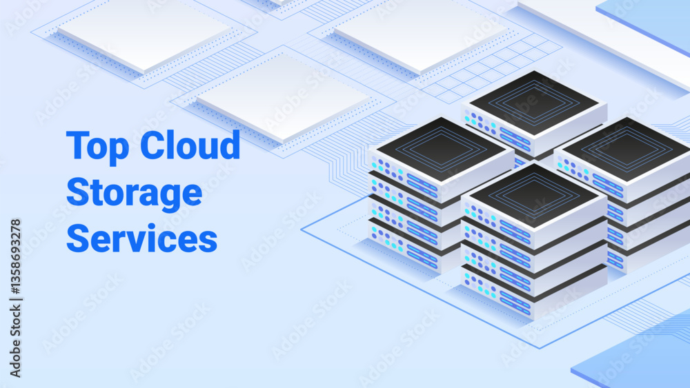 Poster top cloud storage services. vector isometric illustration of a data center with interconnected serve