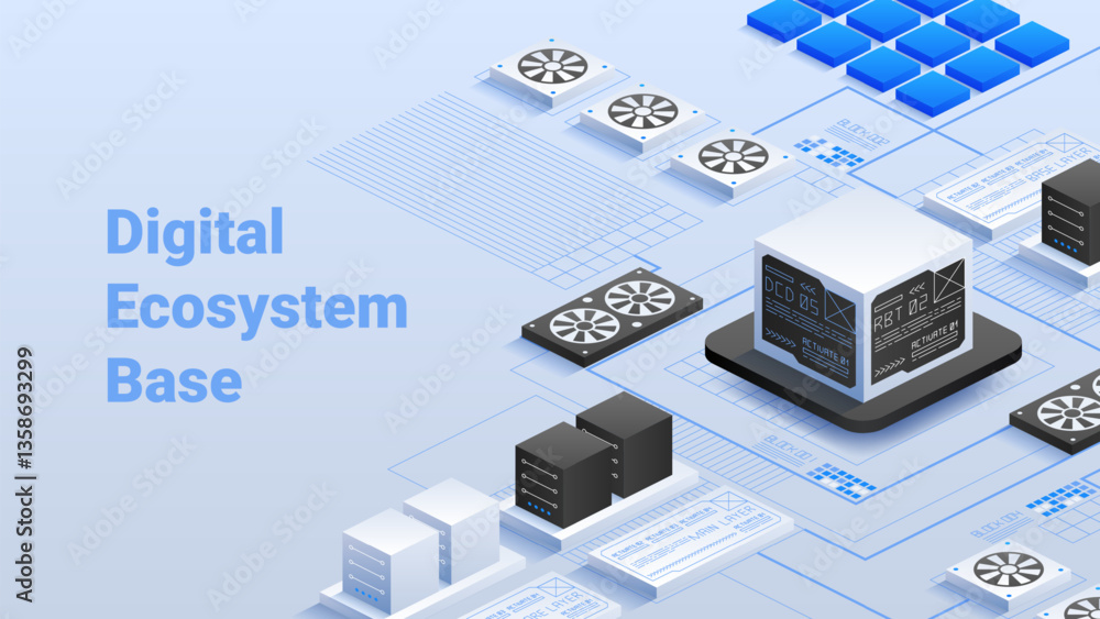 Poster digital ecosystem base. high-tech data center. server units and interconnected blocks. modern networ