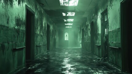 Fototapeta premium Gloomy, wet corridor in an abandoned asylum building, lit by a window. Ideal for illustrating horror, mystery, and the decay of forgotten places.