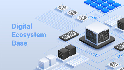 Digital Ecosystem Base. High-tech data center. Server units and interconnected blocks. Modern network connections and digital integration. Efficient data management. Vector isometric illustration.