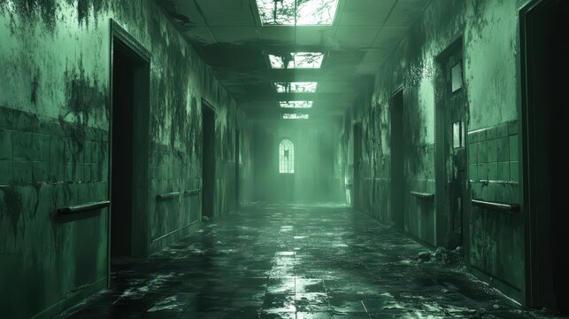 Gloomy, wet corridor in an abandoned asylum building, lit by a window. Ideal for illustrating horror, mystery, and the decay of forgotten places.