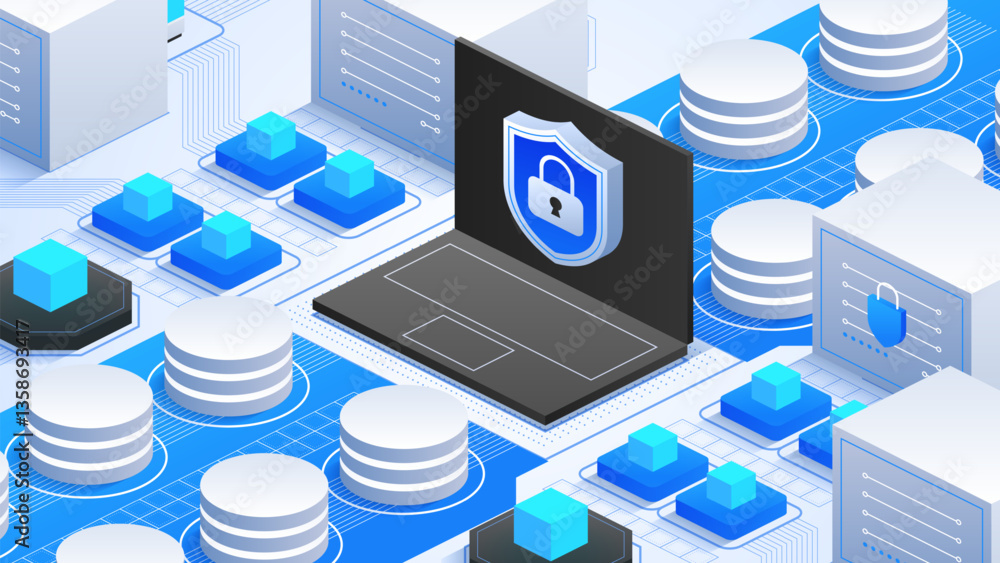 Poster cyber protection framework. illustration of a laptop with a shield and data streams, emphasizing com