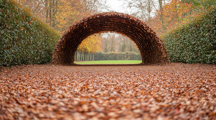 Autumnal Archway: An inviting tunnel made of autumn leaves, leads the eye into a serene parkland on a crisp fall day. The earthy tones.
