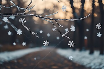 Whispers of Winter: Delicate Snowflakes on Frosty Branches at Dusk