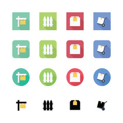Flat icons set for web and mobile applications featuring various symbols for business, communication, and daily tasks
