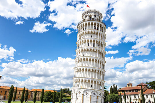 Famous Leaning Tower of Pisa, Italy, with historic architecture and blue sky with clouds. Cultural heritage and tourism landmark. Ai generative