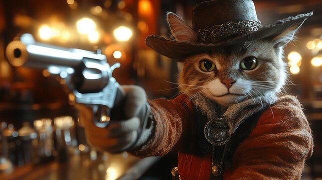 A cat in a cowboy outfit aims a gun