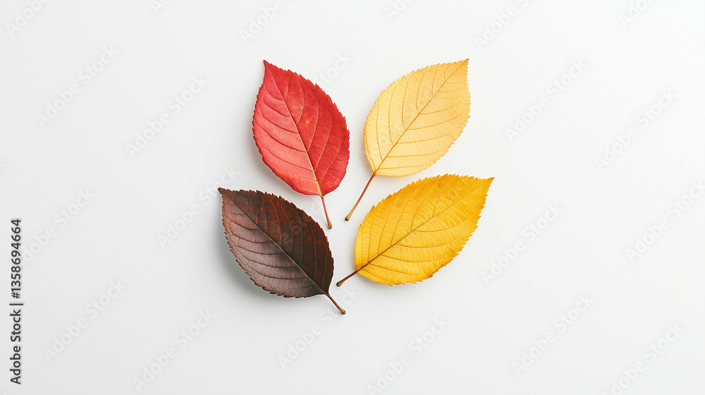 Poster autumn's embrace: a close-up view of four vibrant autumn leaves arranged in a visually pleasing patt