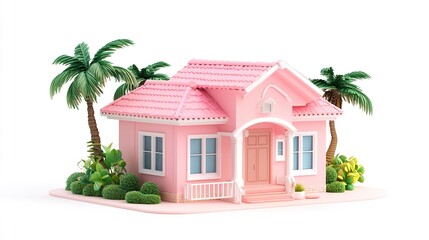 Charming pink miniature house with soft pastel finish clean lines and crisp details perfect for real estate representation on white background. 
