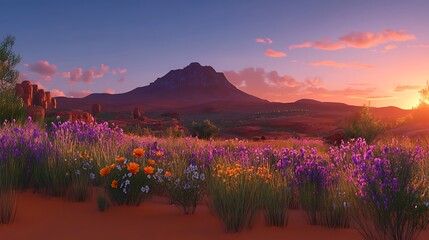 Floral tapestry at dusk: A desert landscape of vibrant colors and majesty