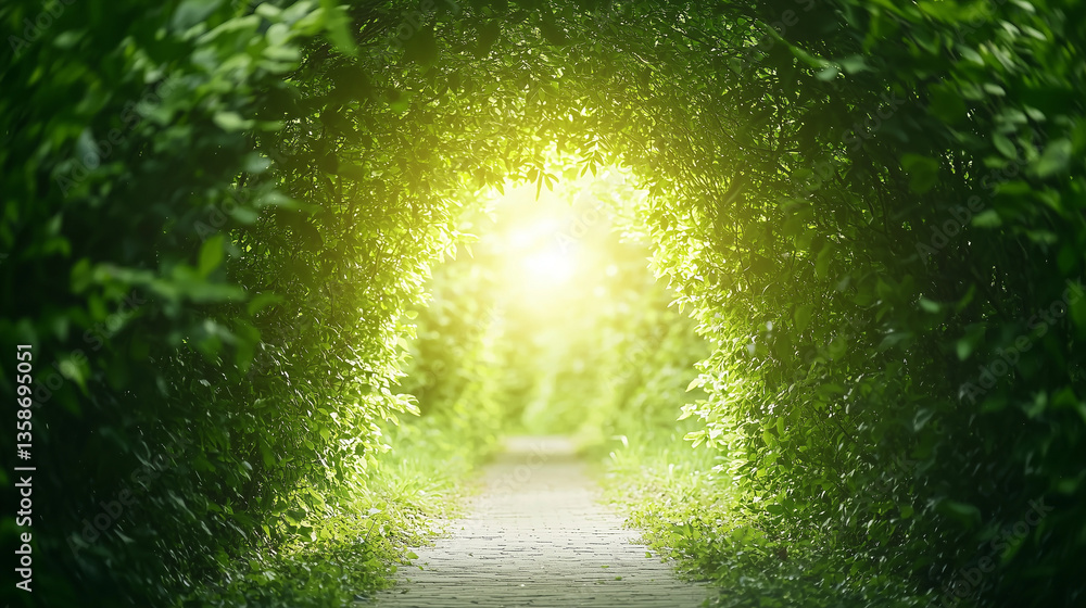 Poster lush green path to enlightenment: a mesmerizing view of a stone path leading to a radiant light at t