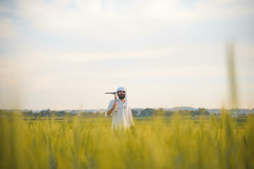Obraz premium A Pakistani Indian farmer wearing traditional white clothing and a turban stands in a lush wheat field, holding a pickaxe over his shoulder.