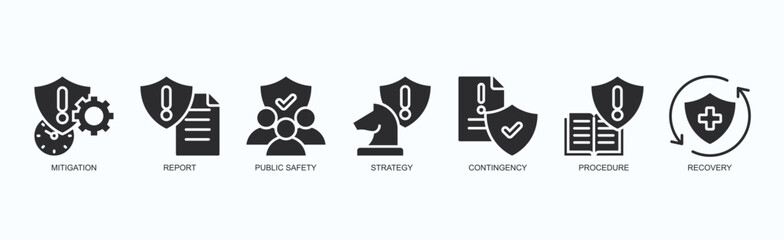 Strategic Shield Icon Set Isolated Vector Illustration Concept With Icon Of Mitigation, Report, Public Safety, Strategy, Contingency, Procedure, Recovery In Black Style