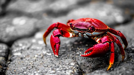 Deep red crab crawling along a grayscale shore its claws clicking against the rocky surface