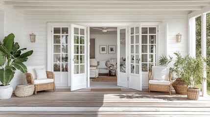 Chic outdoor veranda with white-painted French doors wooden decking and coastal decor bright and inviting Hamptons summer vibe 