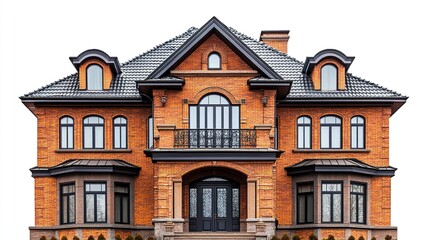 Obraz premium Classic brick house with symmetrical design arched windows and detailed trim warm tones sharp focus isolated on white background. 