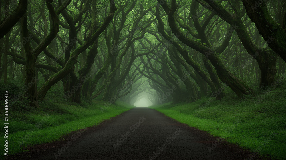 Poster path of whispers: a mesmerizing scene unfolds as a road disappears into a tunnel of lush, green tree