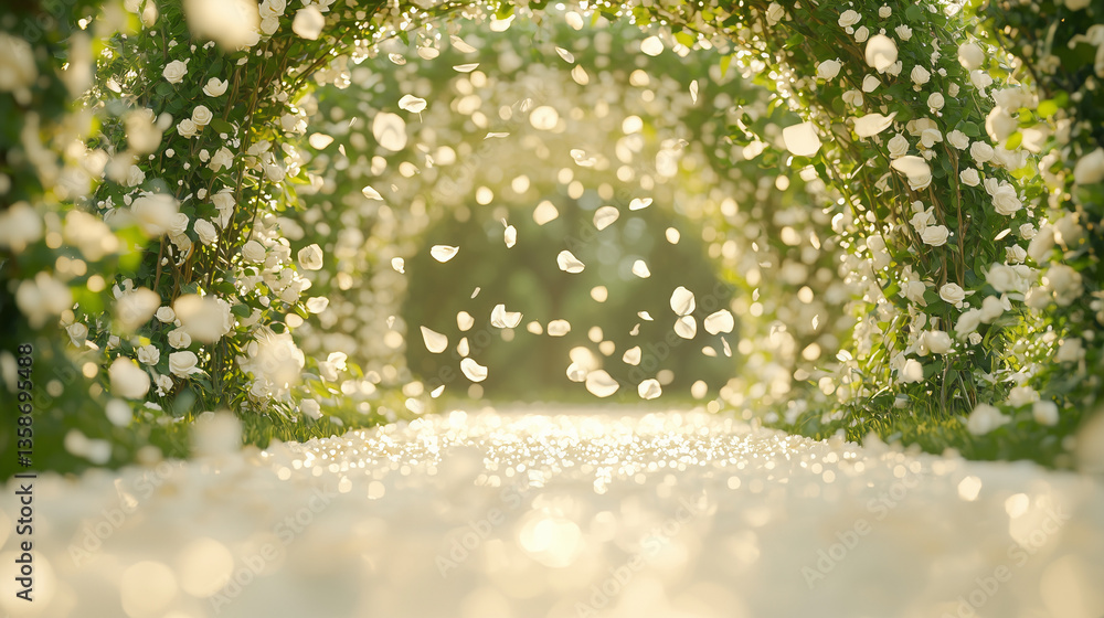 Poster journey through petals: a serene pathway is enveloped in a captivating archway of lush greenery, ill