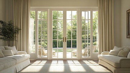Fototapeta premium Classic double French doors connecting cozy living room to sunlit veranda soft shadows natural tones tranquil and open design. 