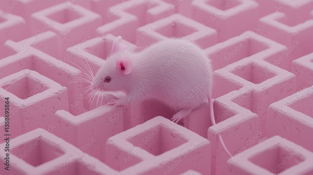 Poster maze navigation: a curious mouse explores a whimsical maze, navigating the intricate pathways with d
