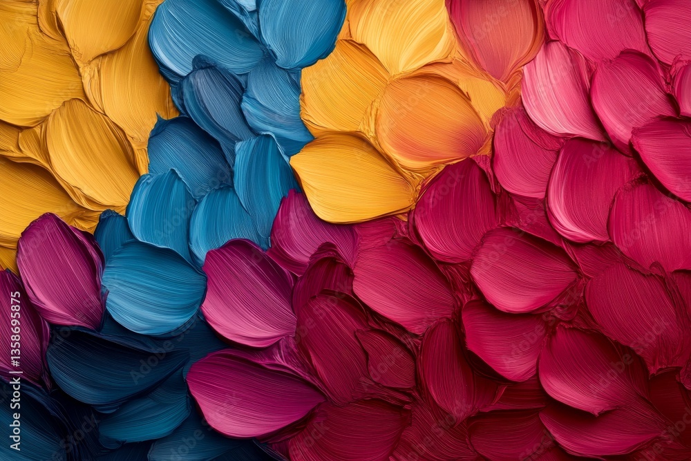 Poster beautiful arrangement of blue, yellow, fuchsia, and red brush strokes creates an abstract floral pat