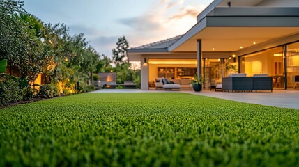 Obraz premium Close-up of lush green grass details blurred house and patio visible in the background warm lighting enhances backyard landscaping. 