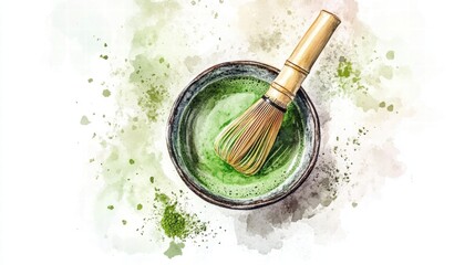 Watercolor of Matcha powder and green tea on background,tea whisk,View from above,The concept of levitation of making matcha green tea,healthy concept.