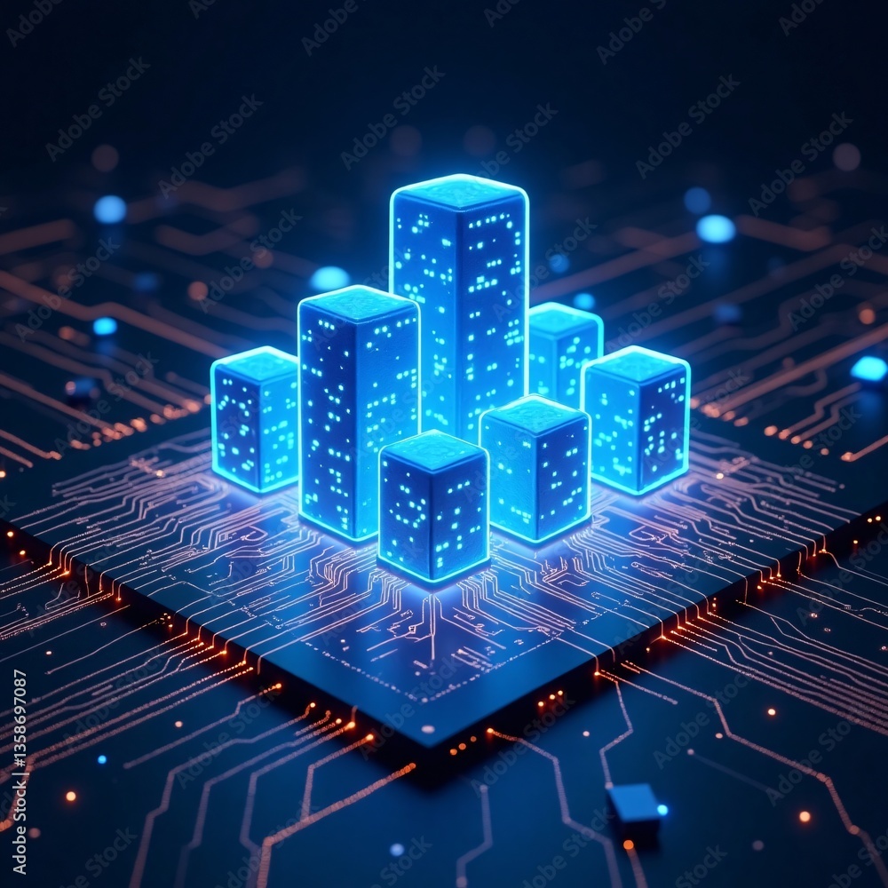 Poster digital architecture futuristic circuit board and data towers