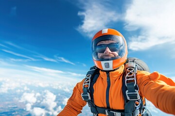 Skydiver poses mid-air, showcasing excitement and adventure against a backdrop of clouds and blue sky.