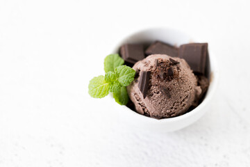Chocolate ice cream with mint leaves.