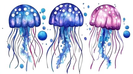 Three Colorful Jellyfish Swimming Gracefully in the Ocean with Watercolor Style
