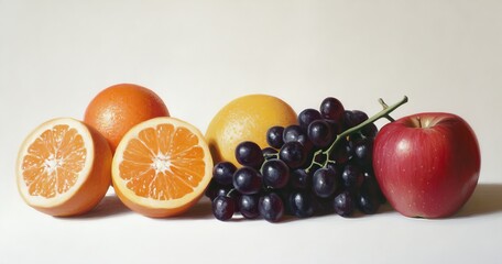 Fresh fruits arranged in a still life.  Brightly colored oranges, grapefruits, red apple, and purple grapes