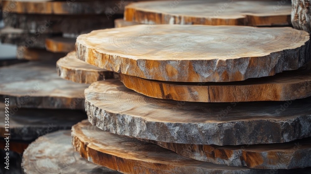 Poster stack of brown tree trunk slices, focus stack. perfect for use in diy projects and backgrounds.