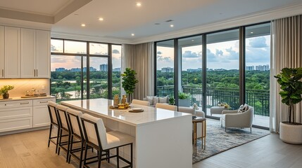 Fototapeta premium Modern luxury apartment kitchen and living area with stunning views