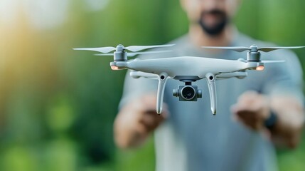 Aerial drone photography capturing the scenic nature landscape of a lush green forest park at sunset  The drone is hovering in the sky