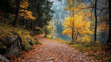 Fototapeta premium Path through autumn forest with golden leaves and a misty lake in the background.
