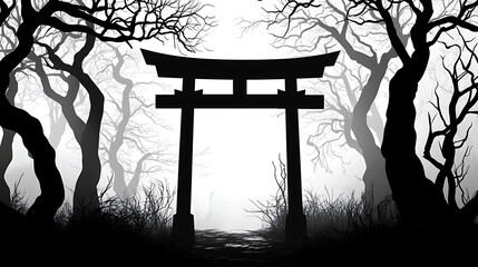 Silhouette of Japanese Torii Gate in Spooky Misty Forest Black and White Illustration