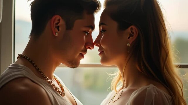 Romantic couple sharing an intimate moment against a sunlit window  