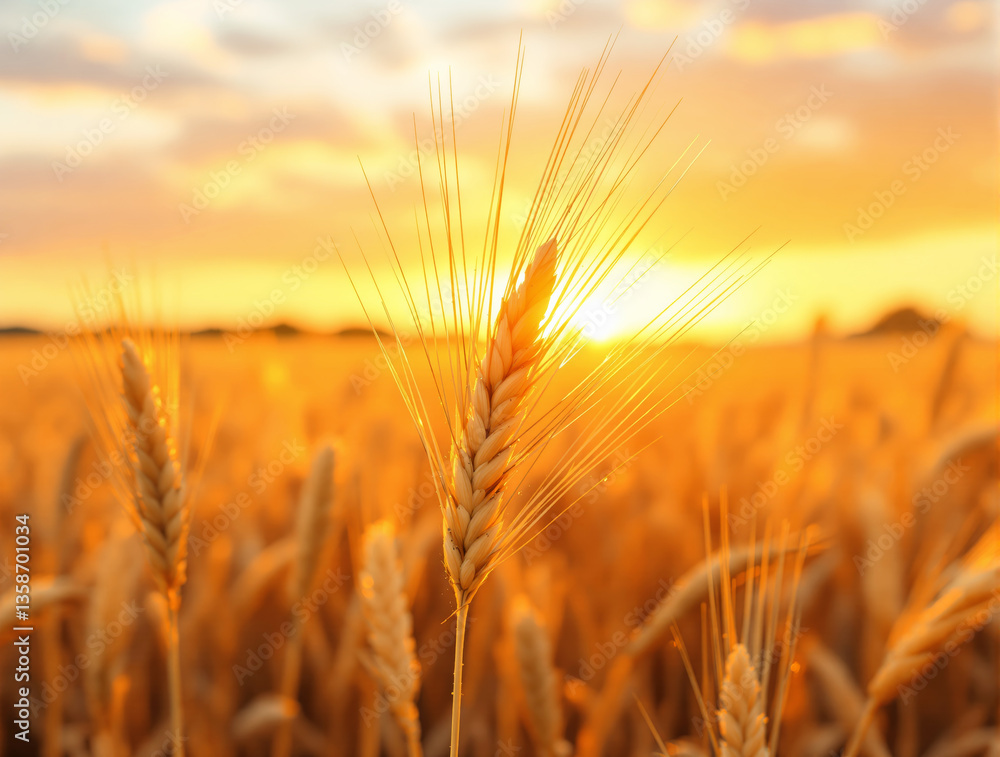 Poster close-up of wheat ears in a vast golden field with the sun setting in the background, casting a warm