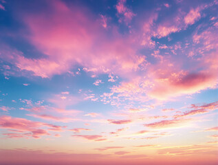 Obraz premium Scenic sky with soft pastel clouds in shades of pink and blue at sunset. Natural background with a peaceful atmosphere. Ai generative
