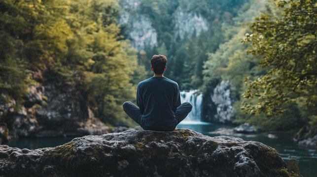 Man meditating in nature, surrounded by trees and a waterfall.  A peaceful and relaxing scene.