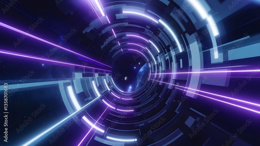Poster abstract space tunnel background with glowing lights and planet for futuristic technology concept de