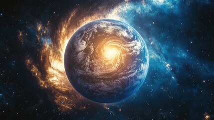 Obraz premium Glowing Planet Surrounded by Cosmic Swirling Storms