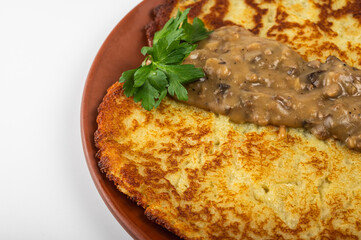 Golden brown potato pancake with sour cream and fresh parsley on a rustic clay plate. Traditional Eastern European dish, crispy texture and exquisite homemade taste, homemade dish