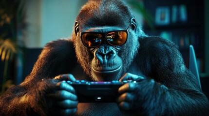 Gorilla in Sunglasses Enjoying Video Game Fun