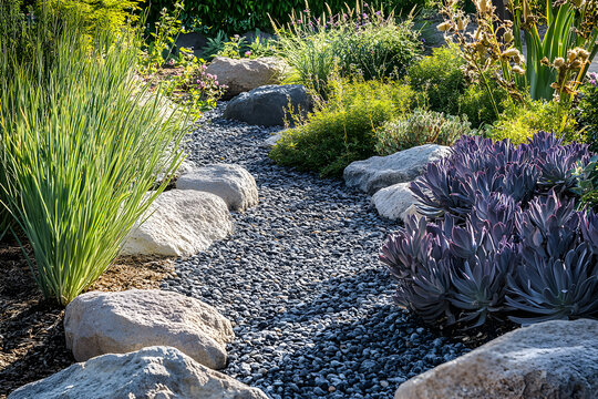 Sustainable Xeriscape Garden: Drought-Tolerant Plants and Stone Accents for Efficient Water Use and Low Maintenance